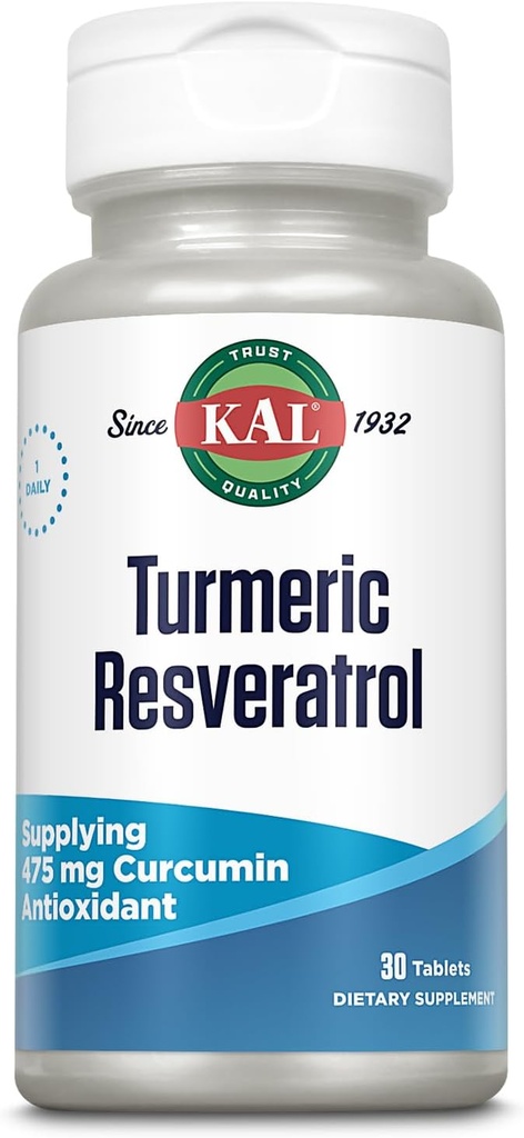 KAL Turmeric Resveratrol Supliment, suport antioxidant, aprovizionare 475 mg Curcumin turmeric, Heart Health and Joint Health Support, Disintegration Rapid, 60-Day Guarantee, 30 Serviri, 30 comprimate