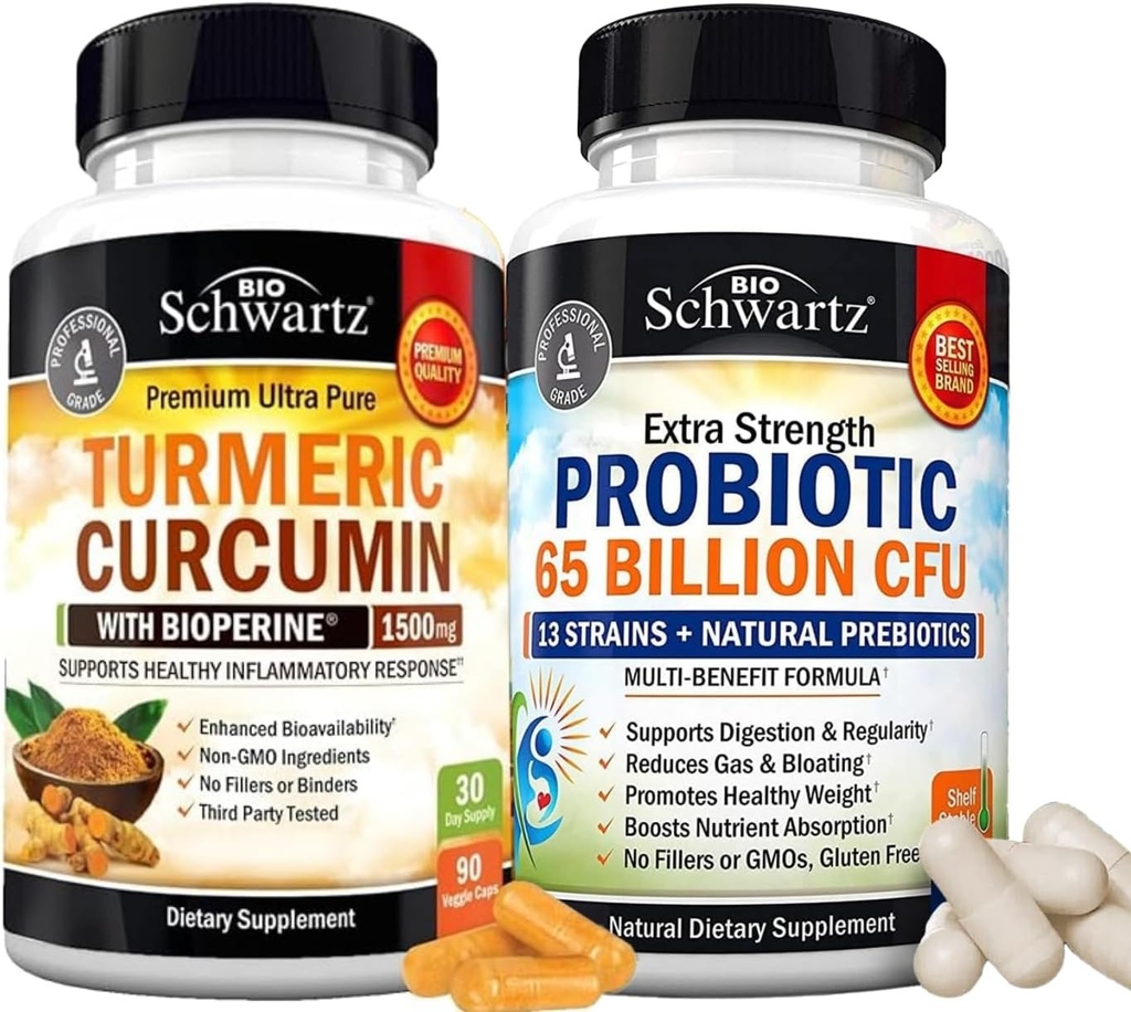 65 Billion CFU Daily Probiotic Supplement (1 Month Supply) Plus Turmeric Curcumin with Black Pepper Extract 1500mg Complex (Trial Size)