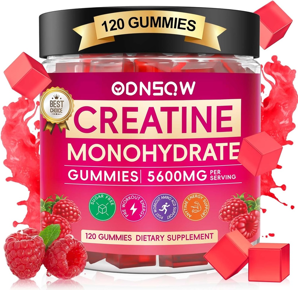 Creatină Monohidrat Gummie pentru bărbaţi şi femei 120 CT - 5600 mg de Creatină Monohidrat pe servire - Vegan, Sugar Creatin Mestecabil Monohidrat pentru forţa musculară, energie Boost (Aroma de zmeură)