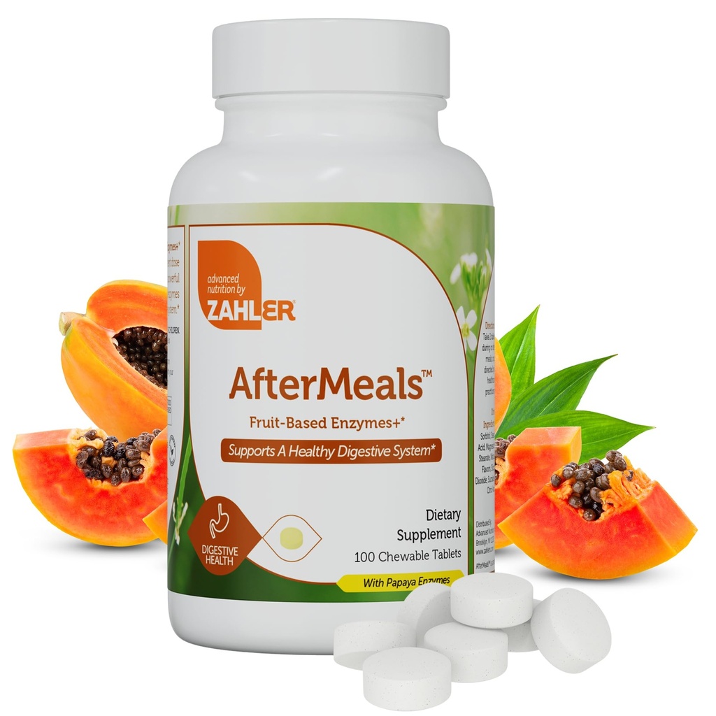 Zahler AfterMeals Enzime digestive pentru sanatatea digestiva - Enzime digestive masticabile pentru femei si barbati cu puterea Papaya si Ananas - Kosher Gluten Free Made in USA (100 comprimate)