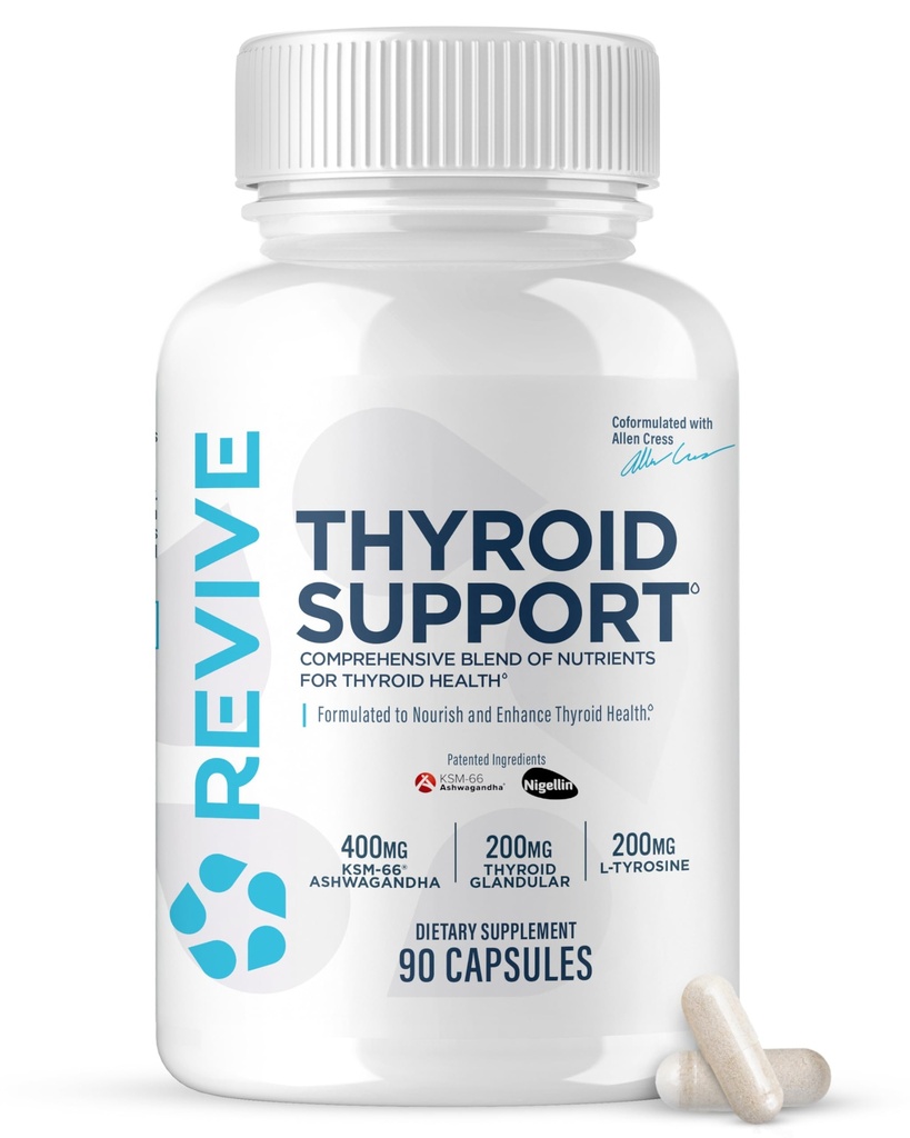 Revive MD Suplimentul suport tiroidian pentru bărbaţi şi femei - Amestec complet de Nutritenţi sprijină funcţia tiroidiană sănătoasă cu vitamine esenţiale, minerale şi plante aromatice (90 capsule, 30 serviri)