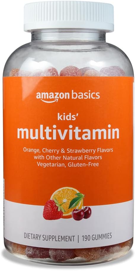 Amazon Basics Kids' Multivitamine, 190 Gummies, Orange, Cherry & Strawberry (fost Solimo)