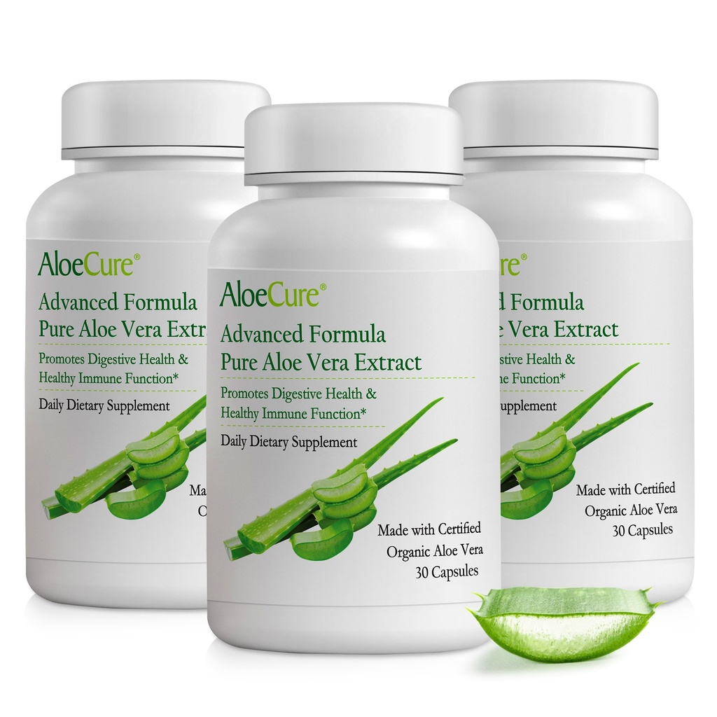 AloeCure Organic Aloe Vera Capsules, 160.000 mg Inner Aloe Leaf Echivalent per Serving, Suport Gut, Digestive, & Immune Health, Ajuta la mentinerea echilibrului aciditatea stomacului, Aloin Free, 30Caps x 3Btl