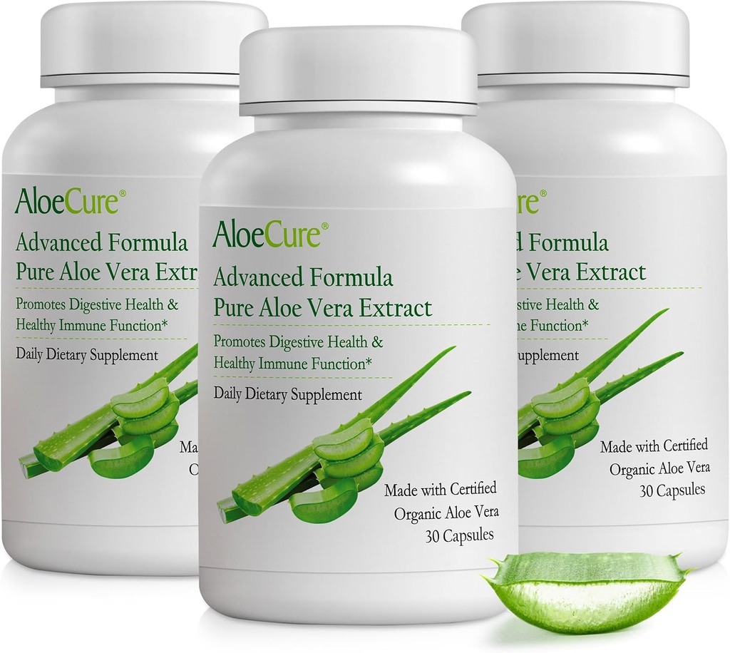 AloeCure Organic Aloe Vera Capsules, 160.000 mg Inner Aloe Leaf Echivalent per Serving, Suport Gut, Digestive, & Immune Health, Ajuta la mentinerea echilibrului aciditatea stomacului, Aloin Free, 30Caps x 3Btl