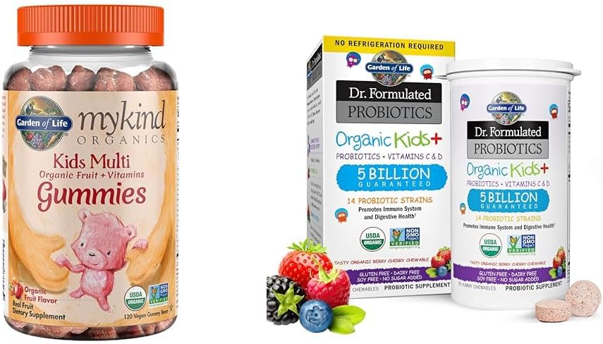 Gradina de viata Organice Copii Gummy Vitamine - Fructe - Certified Organic, Non-GMO & Vegan & Dr. Probiotice Formulate Organic Kids+ Plus Vitamina C & D - Berry Cherry