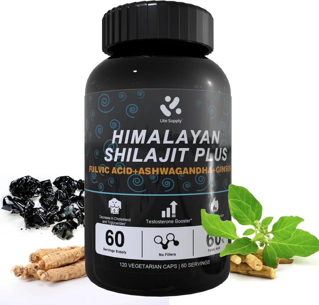 Silajit Himalayan Supliment 60% Acid fuzelian, 120 capsule Vegan Aprovizionare cu Shilajit natural pur, Ashwagandha, Extract de ginseng - High in Trace Minerals for Men Energy Support