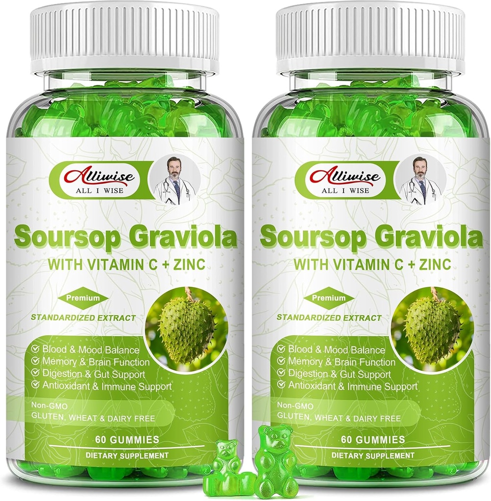 2 Pack Soursop Graviola Gummies Supliment, Original Soursop Frunze Extract cu vitamine C & Zinc pentru femei si barbati, Multivitamine Soursop Suplimentul de fructe pentru Imunitate si Antioxidant & Energie