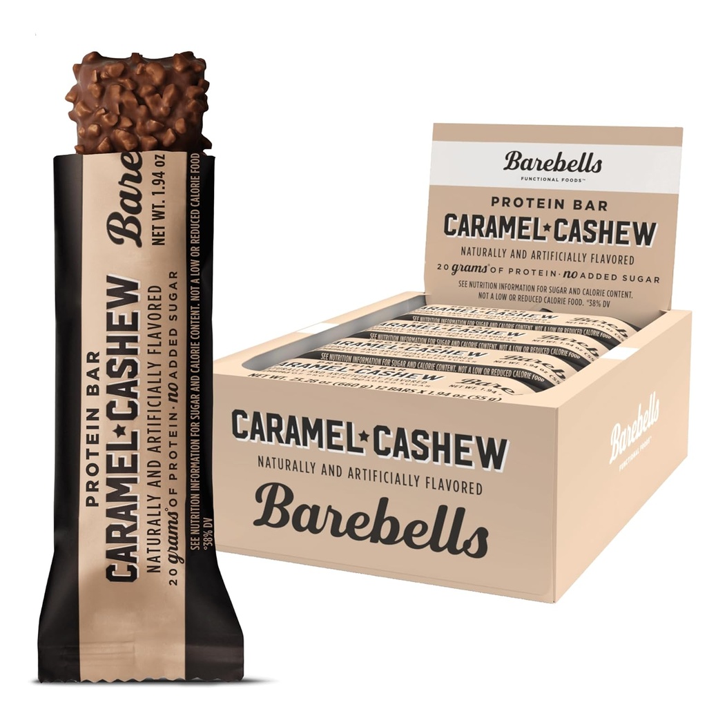 Barebells Proteine Baruri Caramel Cashew - 12 Conte, 20g High Proteine Treats - Chocolate Nutrition Bar cu 1g Total Sugars - On-The-Go Breakfast sau Post-Workout Snack