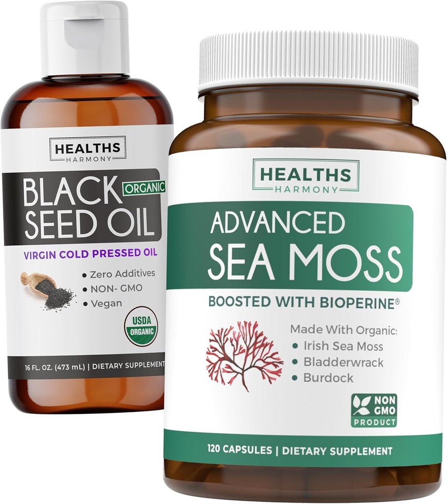 Black Seed Oil Liquid & Sea Moss (2-Month Supply) Sea & Seed Fusion Bundle - Black Seed Seed Oil Liquid (16fl.oz) Premium Cold-Pressed Clack Cumin Seed Oil & Organic Irish Sea Moss with BioPerine - Vegan