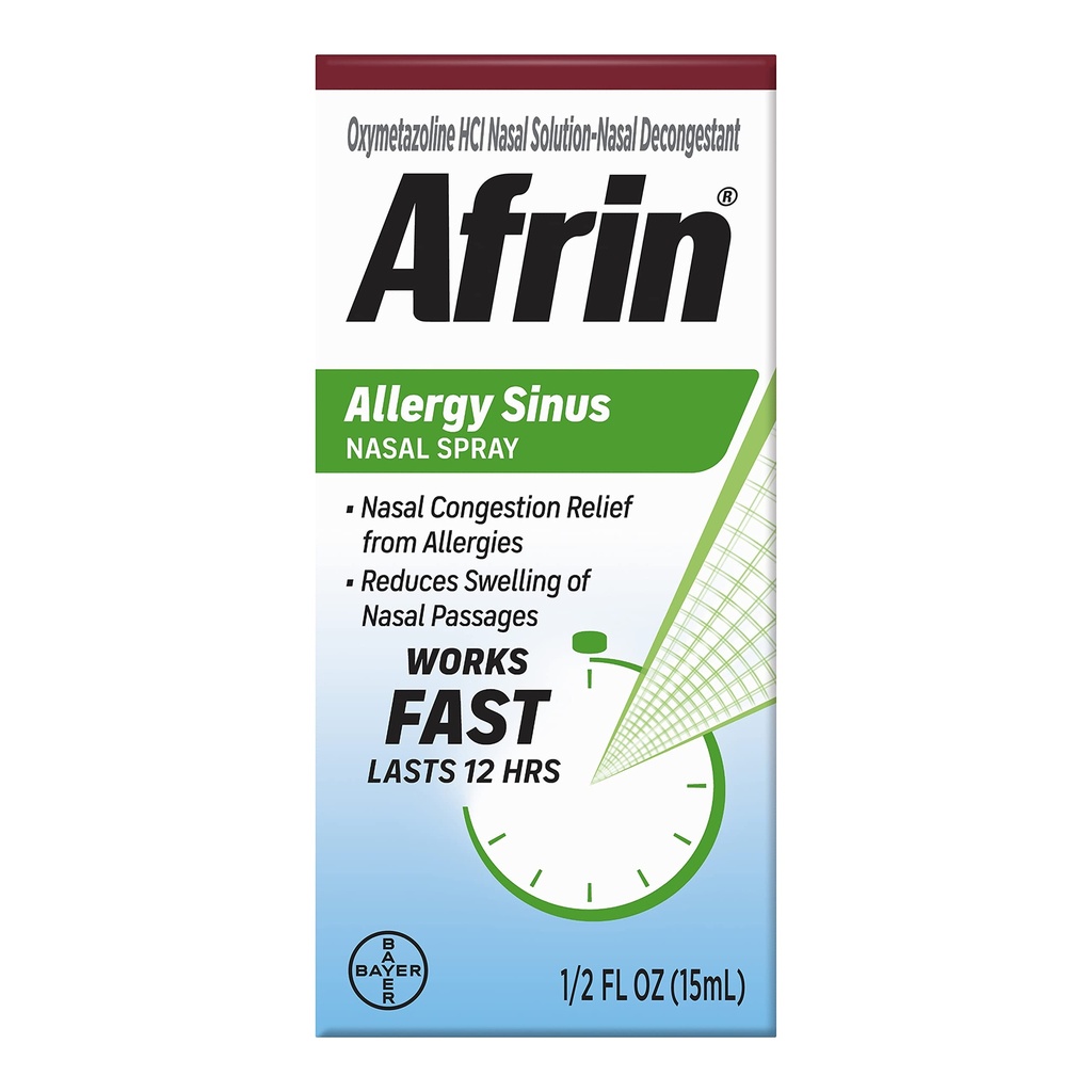 Afrin Alergia Sinus Nasal Spray - Decongestia nazală rapidă și puternică din alergii, pentru adulți și copii 6 ani și mai în vârstă, 0.50 Fl Oz (Pachetul de 1)