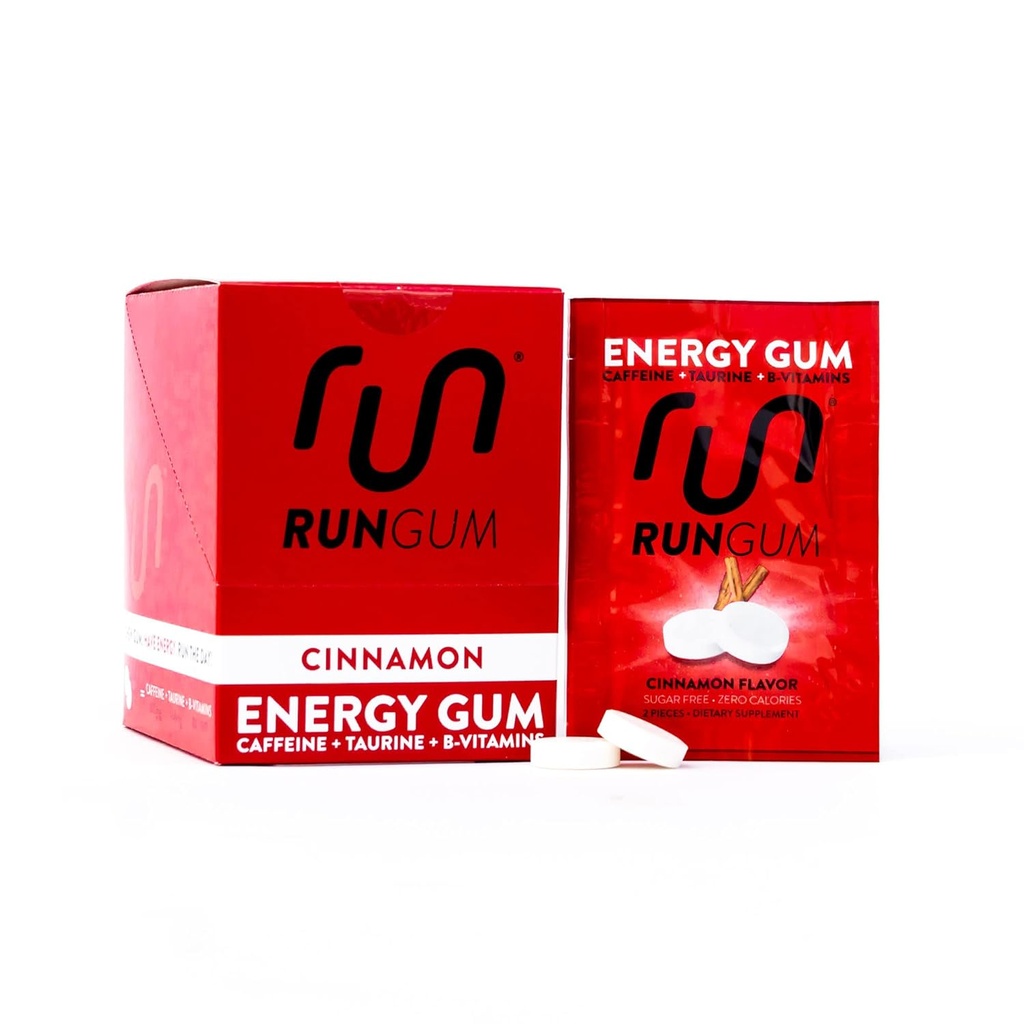 RUN GUM Cinnamon Energy Gum 50mg Cafeină Taurină & B-Vitamina Per Piece, 24 Piese (Pachet de 12,), 2 Piese = 1 Cafea sau Energie Drink, Zahăr gratuit, Zero Calorie