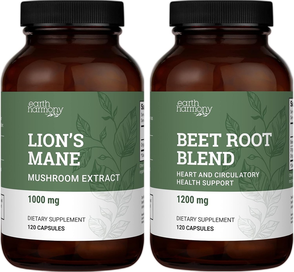 Earth Harmony Organic Lion Coamă & Sfeclă Root pulbere - 120 capsule fiecare