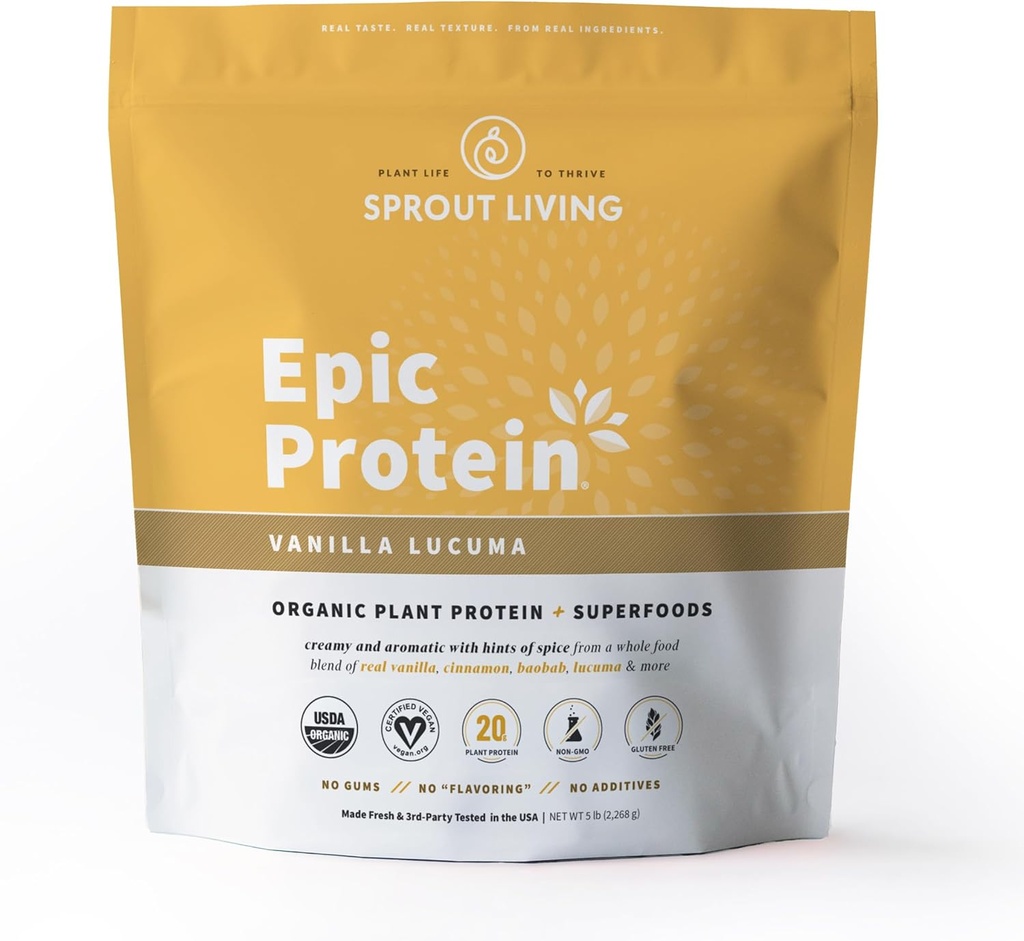 Sprout Living Epic Proteine, Pe bază de plante Proteina si Superalimente Pulbere, Vanilla Lucuma Powder 