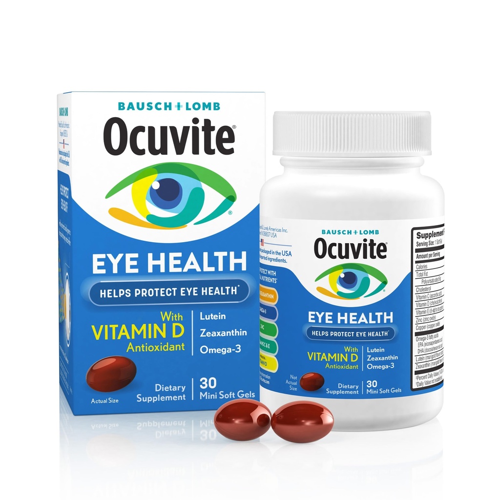Ocuvite Eye Health, Lutein & Zeaxanthin Supplement, Eye Vitamin with Antioxidant Vitamina D, Vitamina C, E & Omega-3, Helps Protect Eye Health, 30 Softgels