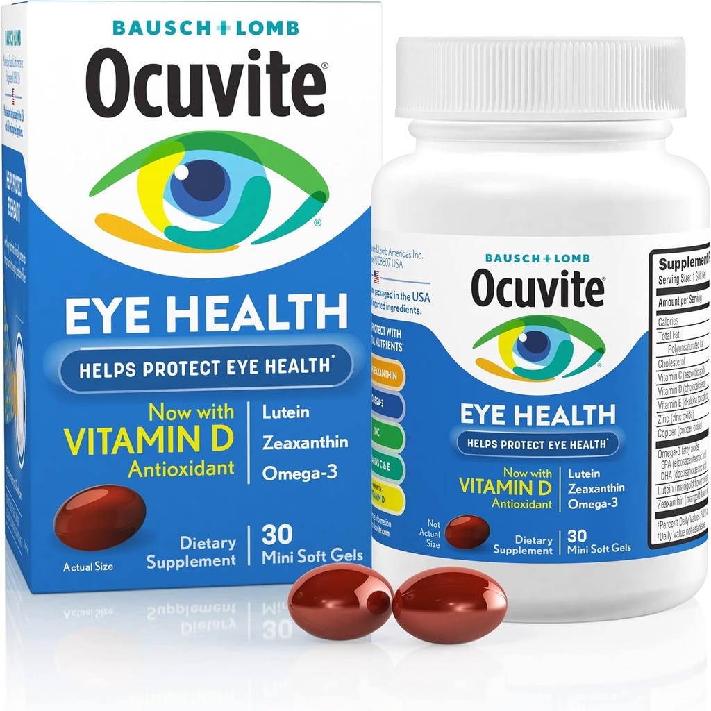 Ocuvite Eye Health, Lutein & Zeaxanthin Supplement, Eye Vitamin with Antioxidant Vitamina D, C, E & Omega-3, Helps Protect Eye Health, 30 Softgels
