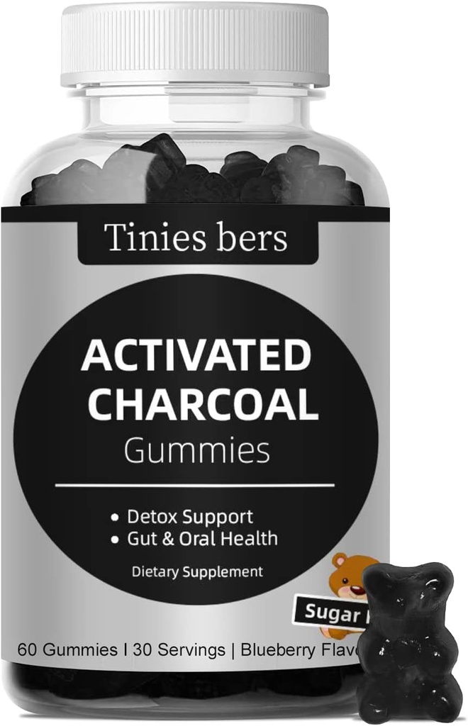 Carcoal Gummies Sugar Free, 400mg Suplimente Charcoal de la nucă de cocos, mai rapid la Cleanse, Detox, Gas Relief, Gut & Oral Health pentru adulți și copii, Gluten gratuit, Non OMG, Vegan, Pectină, 60