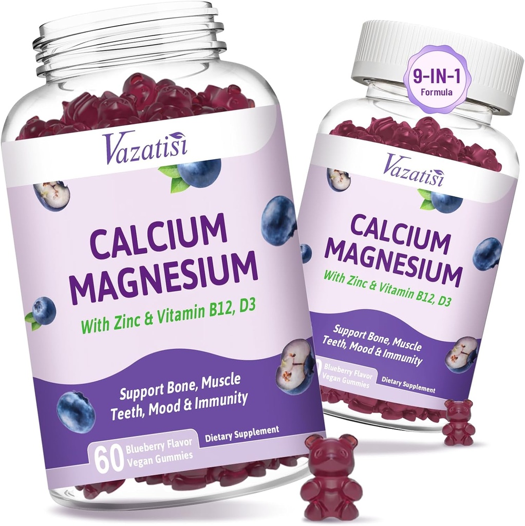 2 pachet de calciu magneziu Gume de zinc cu vitamina D3 & B12, Suplimente de calciu fără zahăr pentru bărbați, aroma de afine Vegan