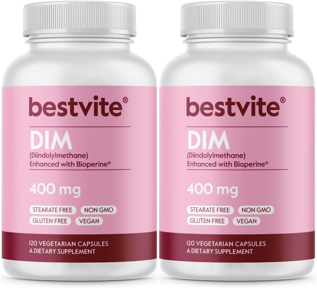 BESTVITE DIM (Diindolilmetan) 400 mg cu Bioperină (240 Capsule vegetariene) (120 x 2) - Fără Stearete - No Gelatină - Vegan - Negungulină - Gluten Free