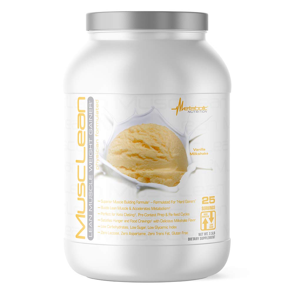 Metabolic Nutriție - Musclean - Milkshake Greutate Gainer, Whey mare Proteine Masa de înlocuire, Întreținere Nutriție, Carb scăzut, Keto Diet, Enzime digestive, Vanilie, 2.5 Lire (25 ser)