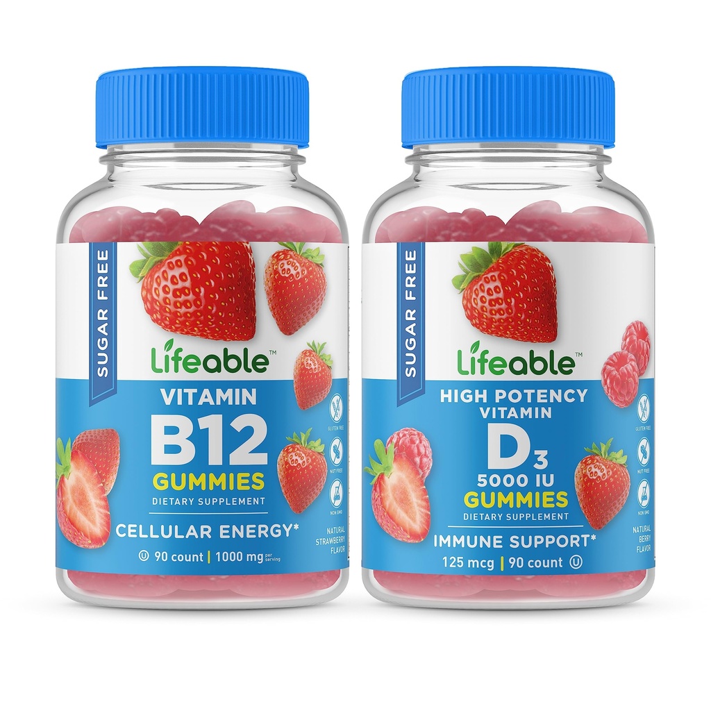 Vitamina B12 fără zahăr şi vitamina D 5000 UI, Gummies Bundle - gustări excelente, suplimente de vitamine, gluten gratuit, OMG gratuit, gumă de mestecat
