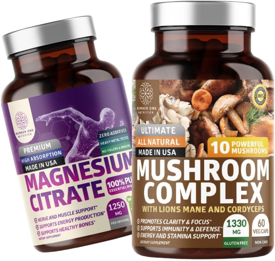 Number One Nutrition N1N Premium Mushroom Complex [10X Ciuperci puternice] și Citrat de magneziu 200mg], 2 Pack Bundle