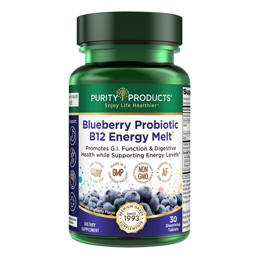 Produse de puritate Probiotic de afine B12 Energie Melt clinic Probiotic - Afine organice, Methylcobalamină B-12-30 Melts