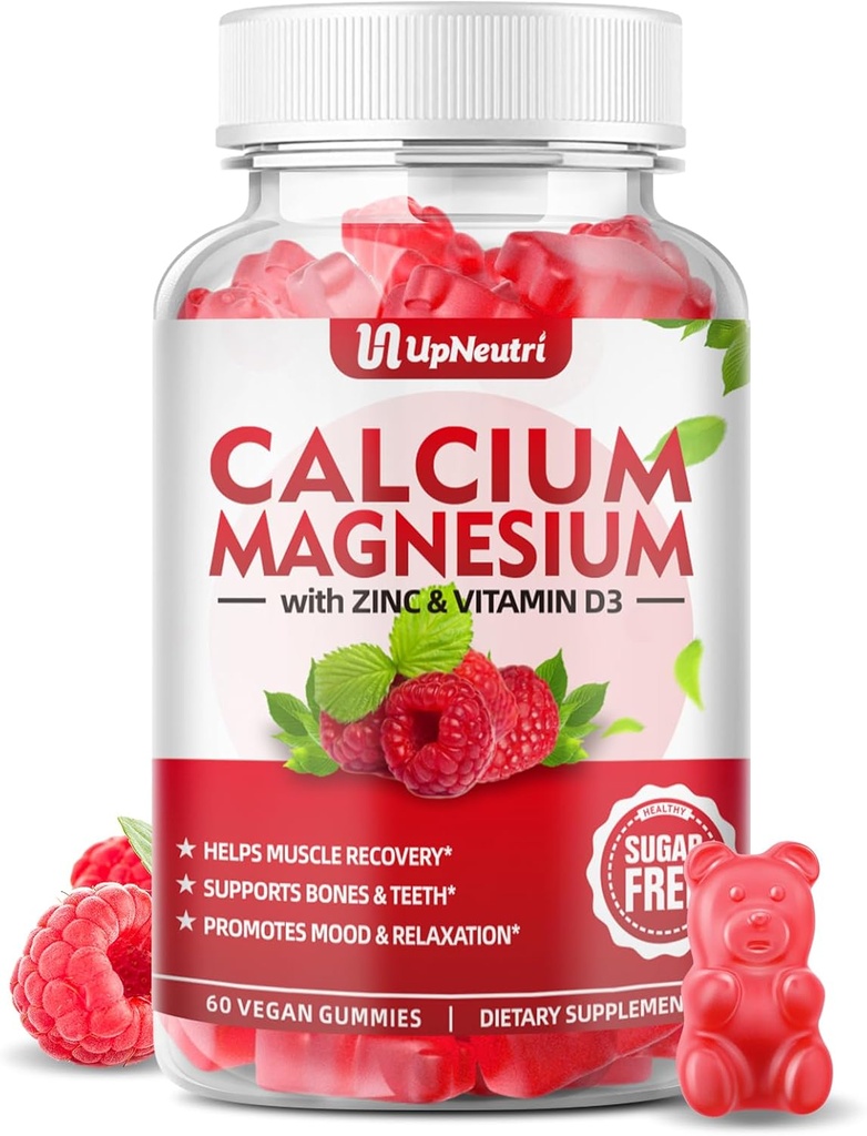 Zinc de calciu magneziu cu vitamina D3 Supliment, Gume de calciu gratuite de zahăr pentru bărbați, Gume de zinc de înaltă absorbție pentru oase și mușchi și sănătate imună, aroma de zmeură Vegan - 60 Conte