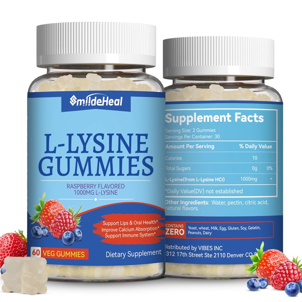 2 ambalaj L-Lysine 1000mg Gummies, Masticabil supliment de Lysina pentru adulti, Suport Imun, Suport de formare Colagen, Non-GMO, Vegan, Gluten gratuit - 120 Conte