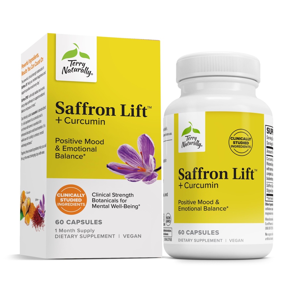 Terry Natural Saffron Lift + Curcumin - Supliment vegetal cu Curcumin - Capsule de Curcumin fără GMO - Supliment de suport pentru concentrare şi relaxare - 60 capsule