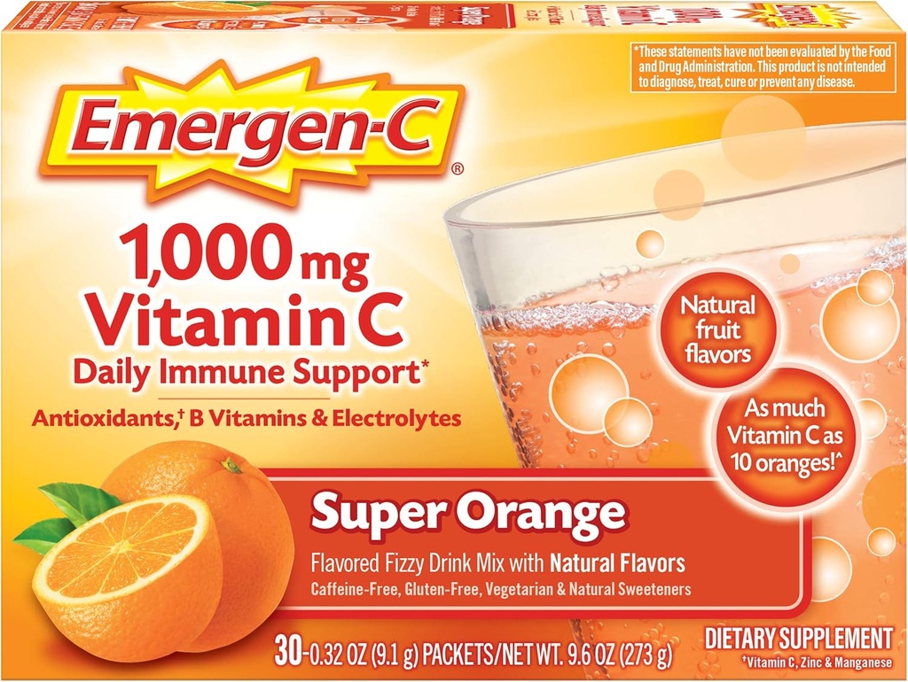 Emergen-C 1000mg Vitamina C pulbere pentru suport imunitar zilnic Cafeina gratuit Vitamina C Suplimente cu zinc și mangan, vitamine B și electroliți, Super Orange Flavor - 30 Conte