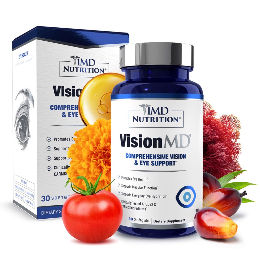 1MD Nutriție VisionMD ochi Vitamina CARMIS - Ochi Supliment pentru adulți - cu OptiLut Lutein & Zeaxantină - Sprijină Vision Health Care, Strain ochi de zi cu zi, ochi uscat și ocazional - 30 Softgels