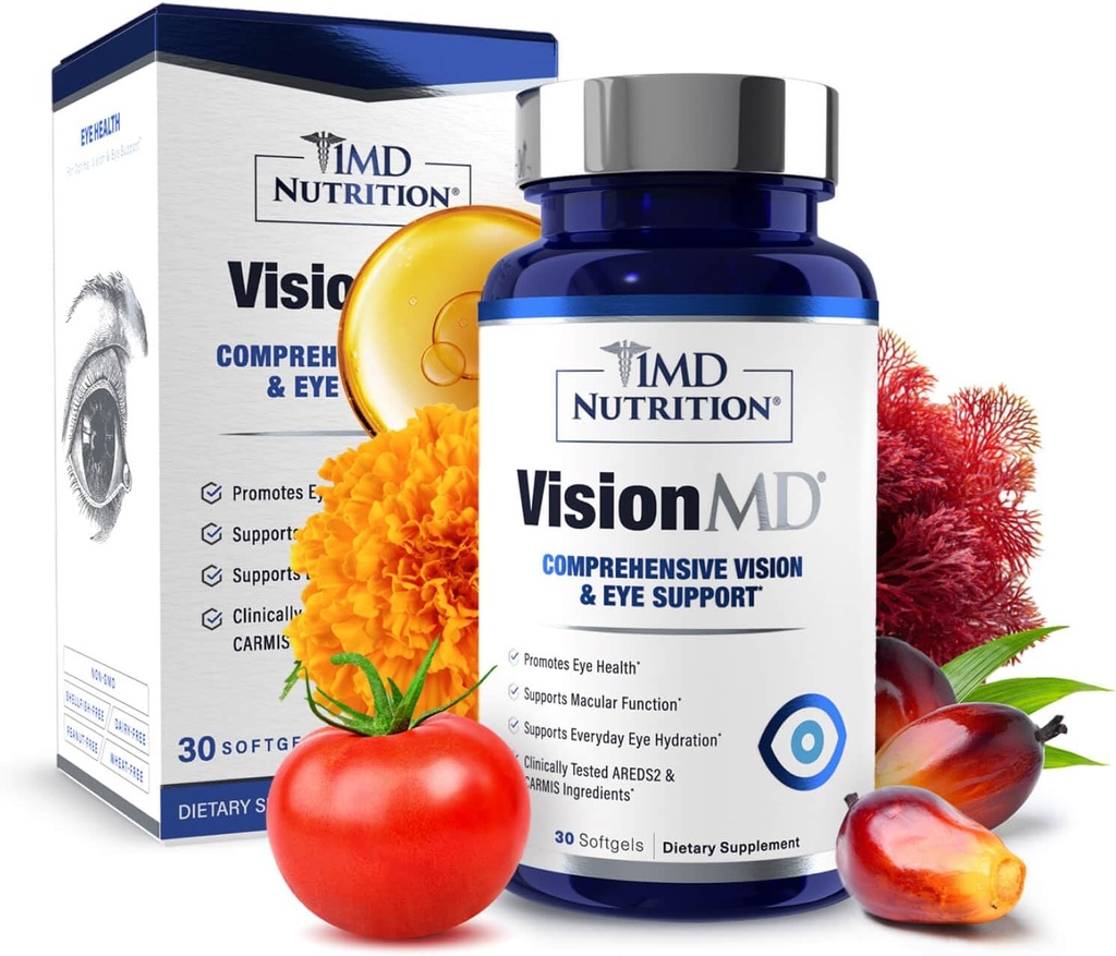 1MD Nutriție VisionMD ochi Vitamina CARMIS - Ochi Supliment pentru adulți - cu OptiLut Lutein & Zeaxantină - Sprijină Vision Health Care, Strain ochi de zi cu zi, ochi uscat și ocazional - 30 Softgels