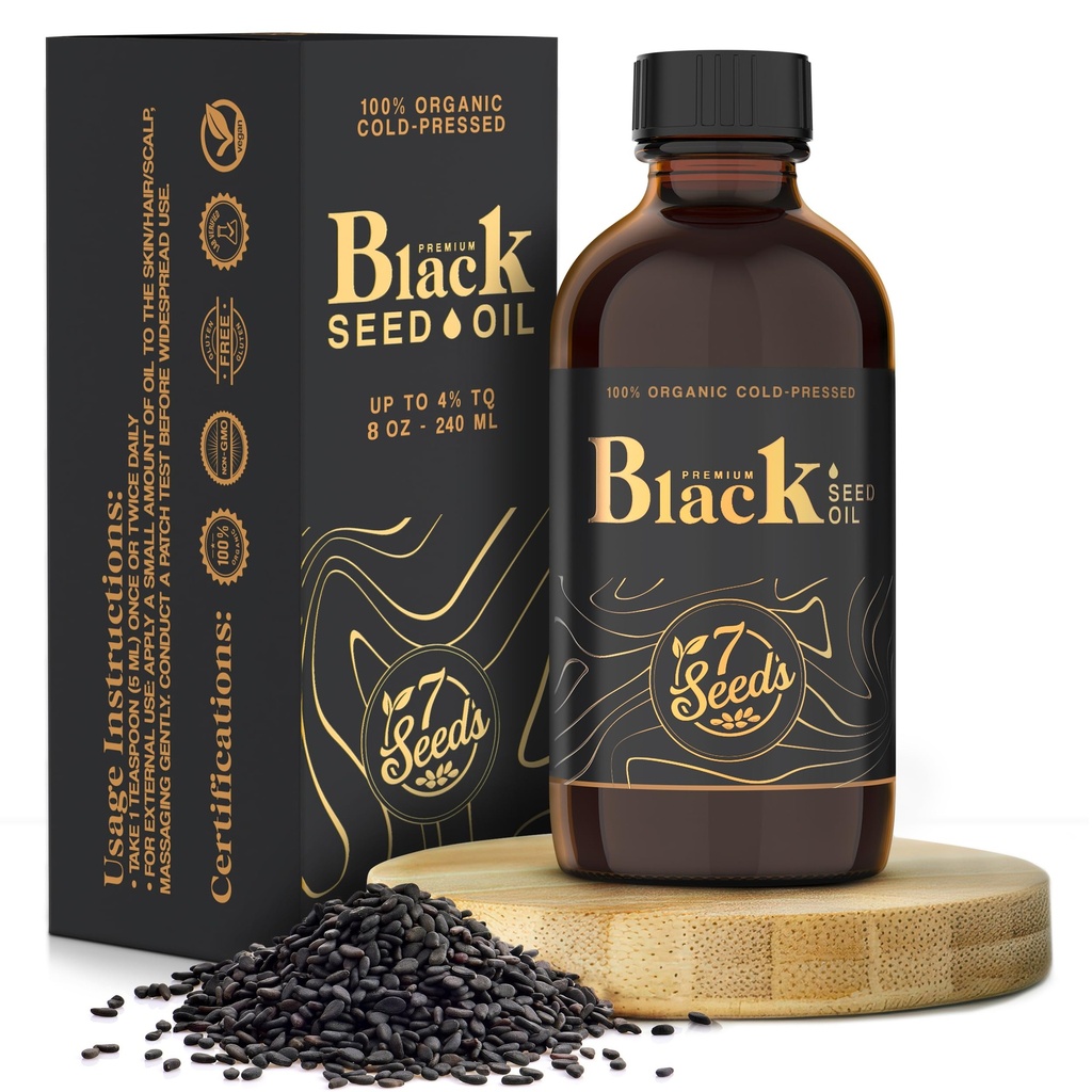 7 Seminte presate la rece Ulei de semințe negre - 240 ml presat la rece Nigella Sativa lichid pentru suport imun, Suport de inflamare, Digestie, Păr & Piele (8 Fl Oz)