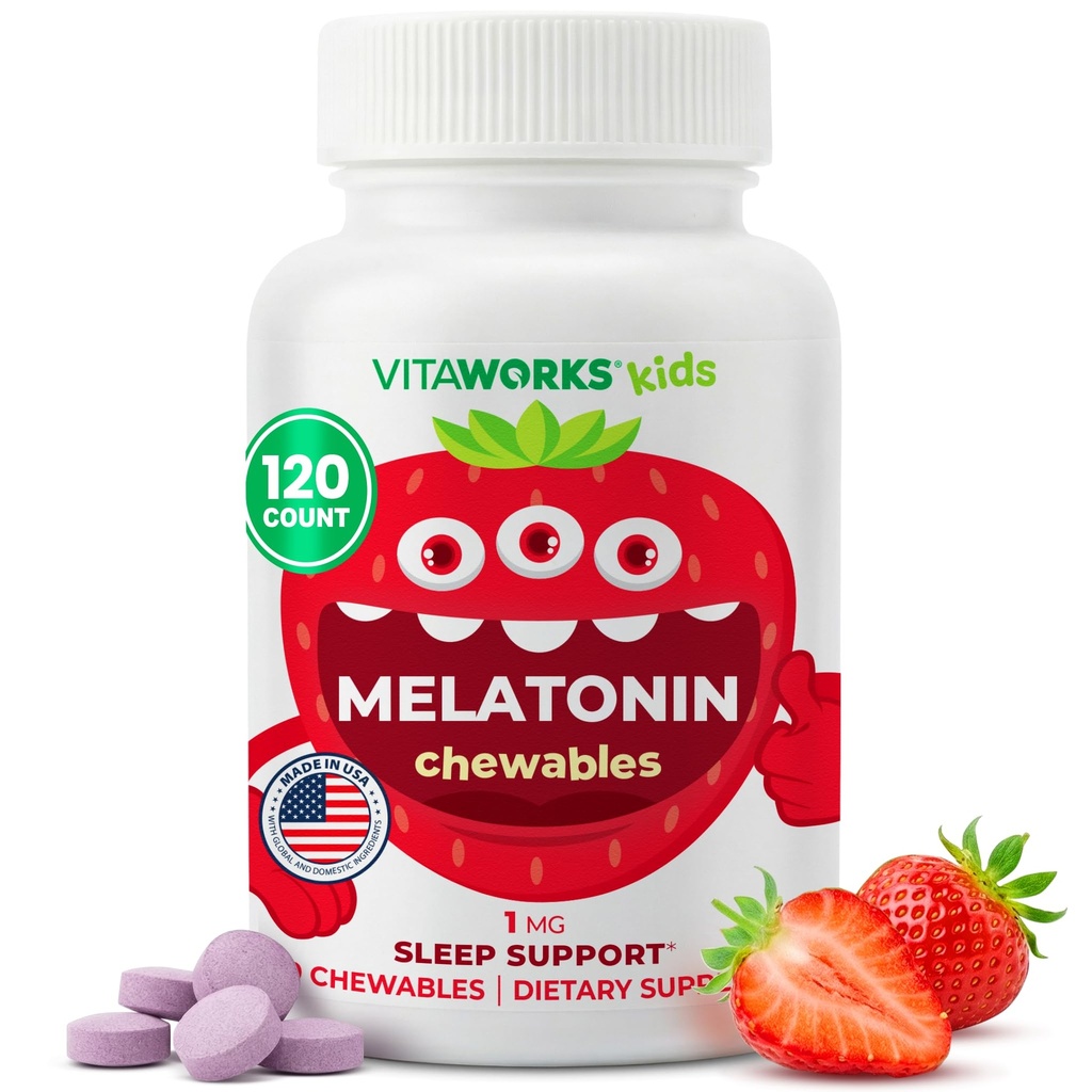 Copii Melatonina 1 mg Chewable cu L teanină, mușețel și Lemon Balm Extract Tablete masticabile - Aroma naturală Berry - pentru a ajuta la căderea și șederea în somn - pentru copii - 120 Chewables