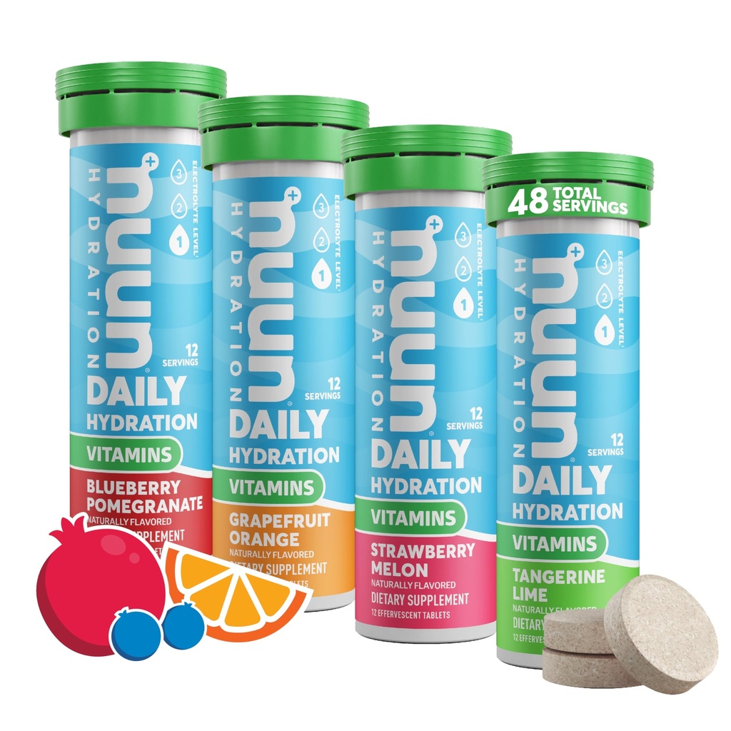 Nuun Vitamine Electrolite Tablete cu vitamina D, C, E, A, & B6, Acid folic, Magneziu & 4 Electroliti esentiali, Gluten Free & Vegan, Mixed Fruit, 4 Pack (48 Servings Total)