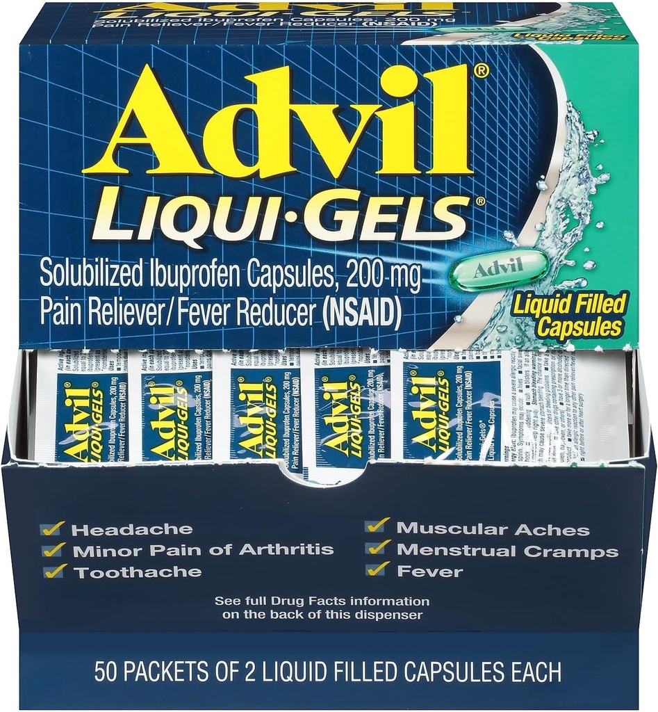 Advil Liqui-Gels Pain Reliever/Fever Reductor, Solubilized Ibuprofen 200mg, 2/Packet, 50 Packets/Box (116902)