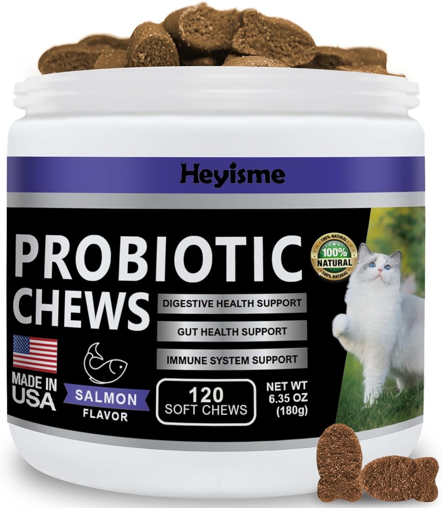 Cat Probiotic, Chews for Gut and Immune Health, Cats Probiotic Supplement for Cat Digestive Support, Healthy Digestion, Cat Constipație și Diaree Relief (120 pastile, Salmon)