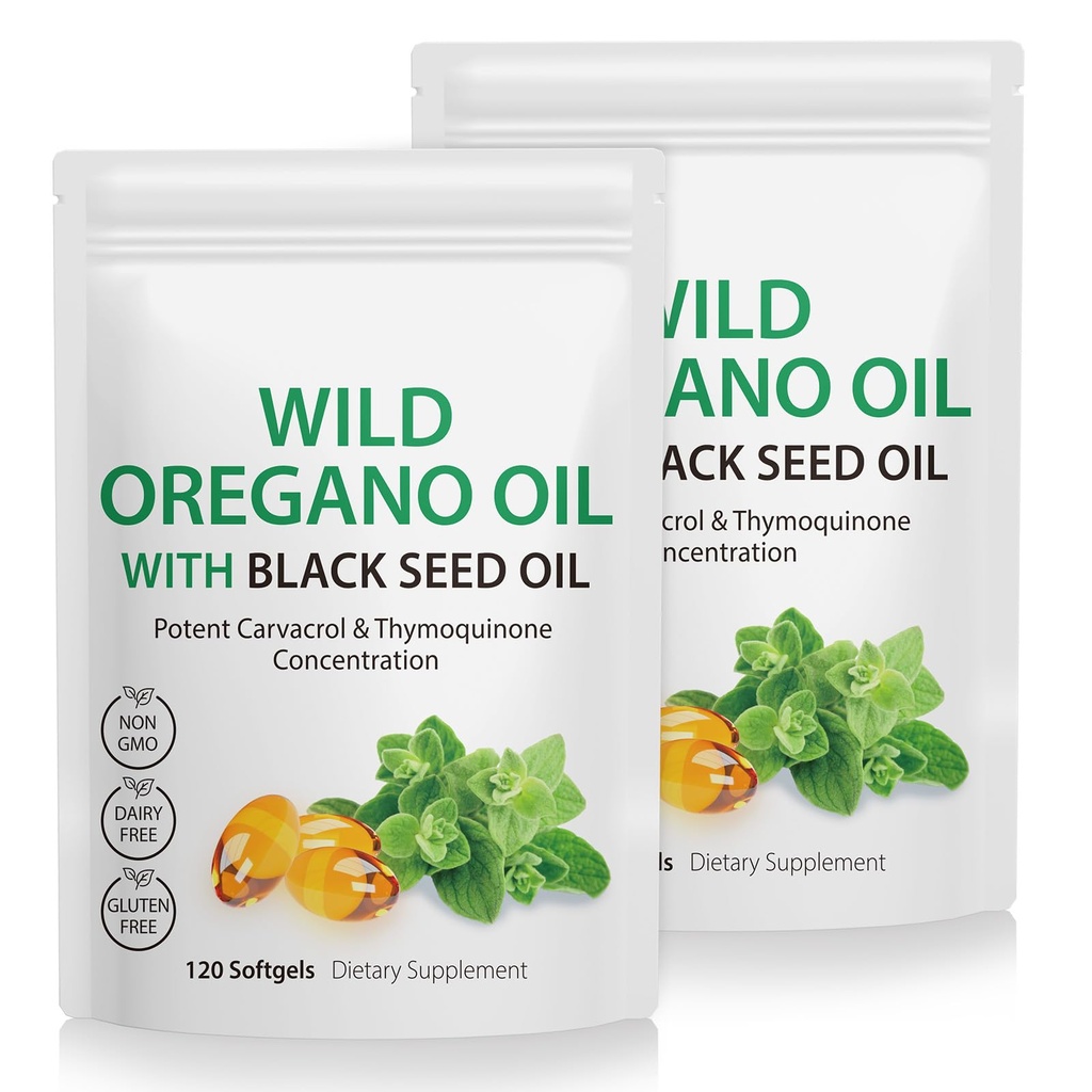 2 Ambalaj de Oregano Softgels, capsule de ulei Oregano, 165 mg Carvacrol, 2 în 1 Ulei de Oregano cu ulei de semințe negre 200mg, Oregano capsule supliment de ulei