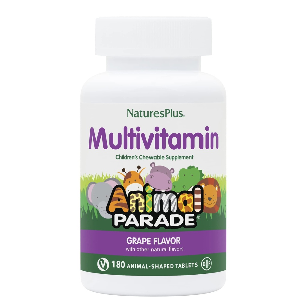 NaturasPlus Parada Animalelor Multivitaminele masticabile pentru copii - Aroma de struguri - 180 tablete cu formă de animale - promovează sănătatea și bunăstarea - vegetariană, gluten gratuit - 90 Serviri