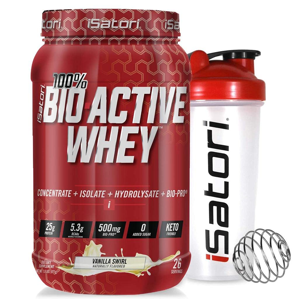 iSatori Bio-Active Whey Proteine Powder - Vanilla Swirl (30 Servings) & iSatori Classic Blender Sticla (Clear Bottle with Red Top)