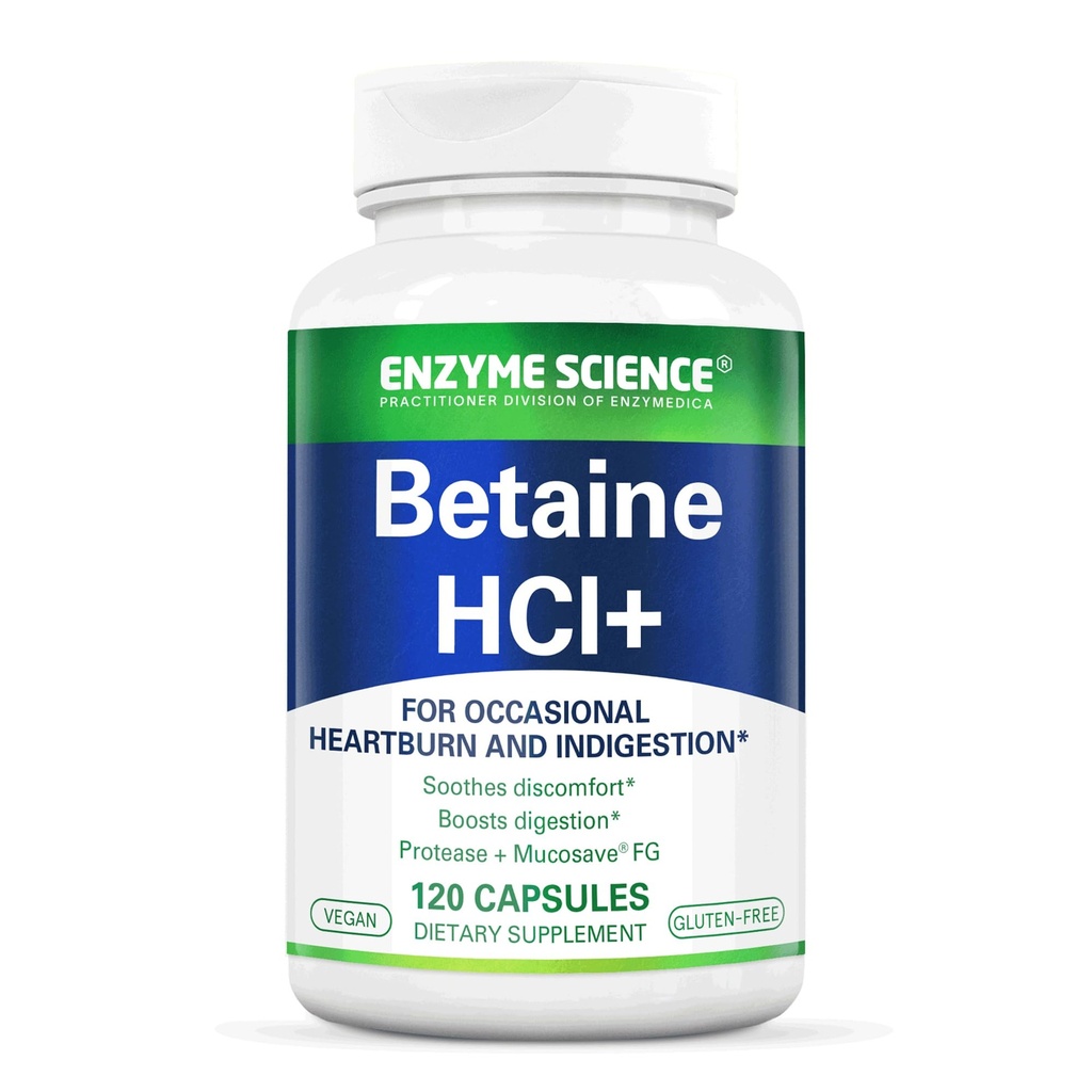 Enzime Science Betaine HCl cu Pepsin - Supliment pentru Low Stomac Acid - Betaine Hydrochloride Supliment - Enzime digestive - Enzimas Digestivas - 120 Capsule