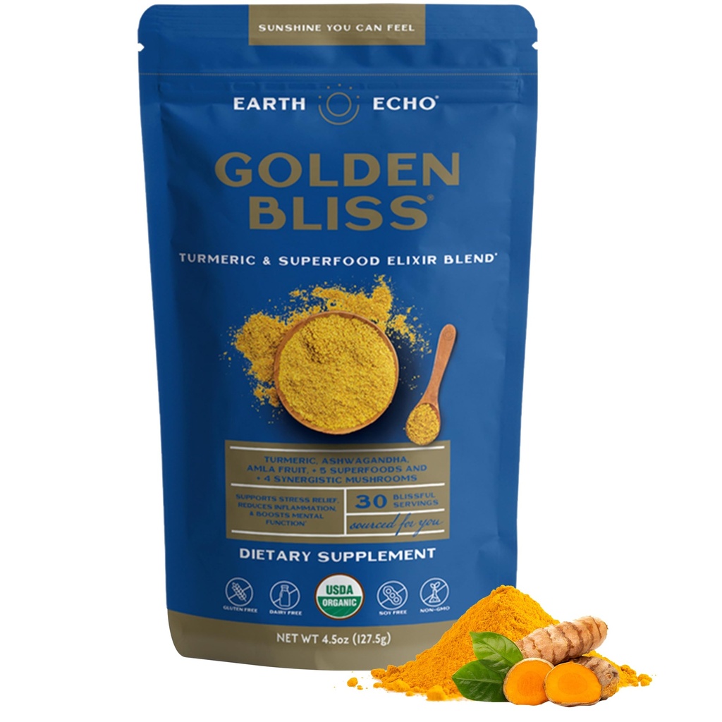 Echo Golden Bliss, Green Turmeric Superfood Elixir Blend cu Ashwagandha Root, MCT Oil și 4 Mushroom Blend pentru somn odihnitor, Suport imun și reduce Craving, Dairy-Free, 30 Serviri