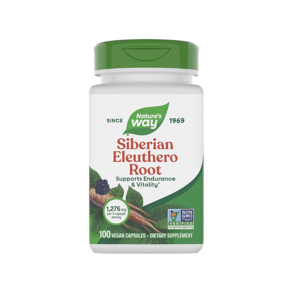 Natura's Way Premium Herbal Siberian Eleuthero Root Supplement, Supports Endurance & Vitality*, Adaptogen*, 1,275mg per 3-Capsule Serving, Non-GMO Project Verified, 100 Capsule (Packagging May Vary)