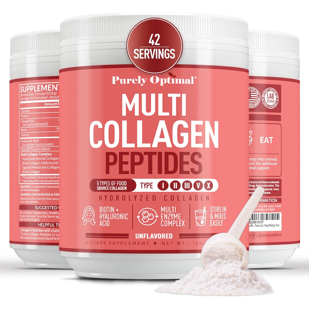 Pur Optimal Multi Colagen pulbere pentru femei - 5 tipuri Colagen peptide hidrolizate cu Biotin & Acid hialuronic pentru păr, piele, unghii, oase și articulații - Nearomate, Easy Mixing, 42 Serviri