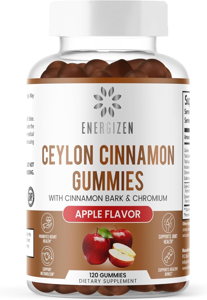 Cinnamon + Crom Gumies - 120 Vegan Gumries - suport comun pentru dureri si sanatate cerebrala, Sugar-Free, Antioxidant Rich, Non-GMO, Gluten-Free Supplement, Aroma naturala de mere