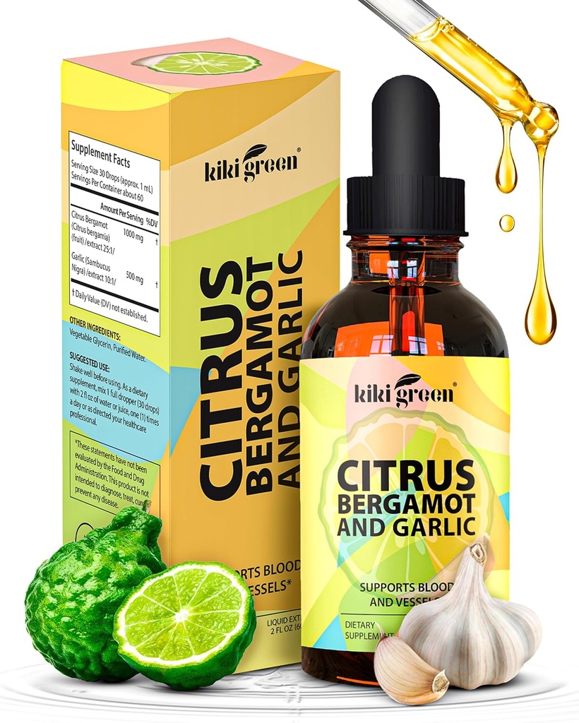 KIKI Green Liquid Citrus Bergamot & Usturoi Extract - Citrus Bergamot Supplement for Heart Health, Immun System Support and Healthy Aging Non-GMO, Gluten-Free Supplement 2 Fl Oz.