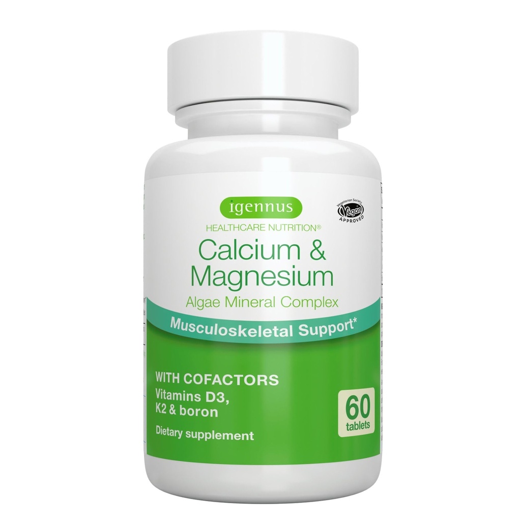 Igennus Algae Calciu & Magneziu Supliment, Plant based, Absorbție ridicată, K2 & D3, Non-GMO Algae roșu Complex mineral pentru suport osos și dinți, pentru femei și bărbați, cu Boron, Vegan, 60 comprimate