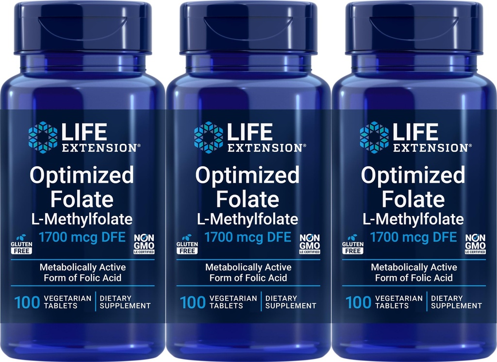 Extensie de viaţă Folat optimizat 1700 mcg DFE, 100 comprimate vegetariene (Pachet de 3)