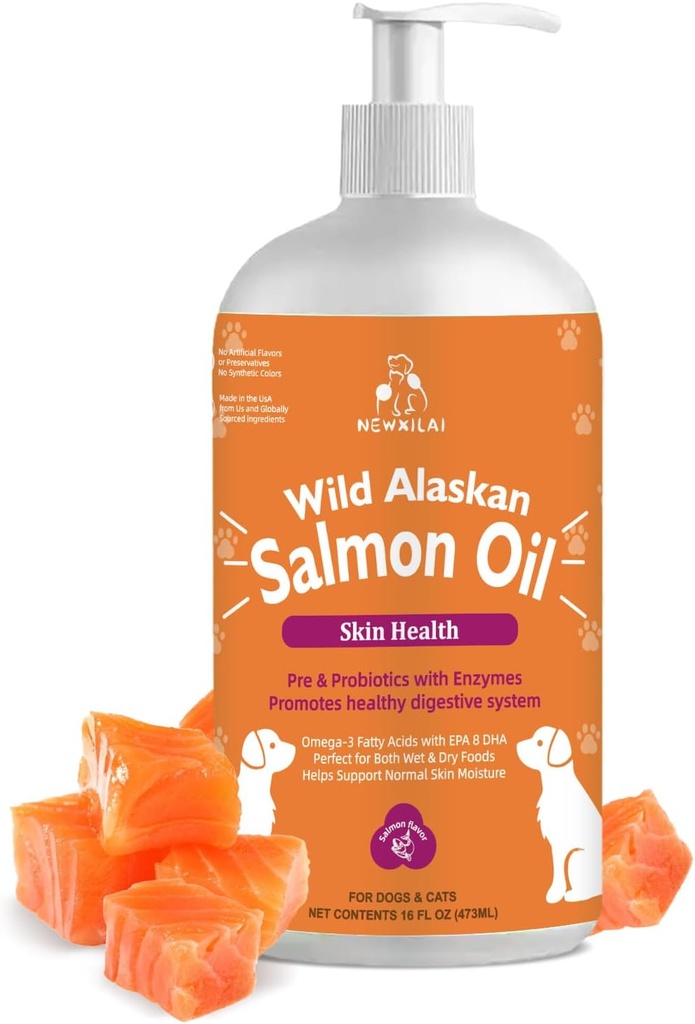 Ulei de somon sălbatic din Alaska pentru câini și pisici, Omega-3 Suplimentul de ulei de pește cu EPA & DHA, Suport de sănătate a pielii, Haină lucioasă, Relief comun puternic și alergie - pompa de sticlă 16oz