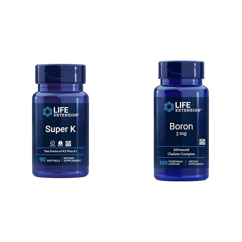 Extensie de viaţă Super K Vitamina K1, K2 MK-7, MK-4, Vitamina C, Bone/Heart Health, 3-Month Supply şi Bor 3 Mg 100 Capsule vegetariene